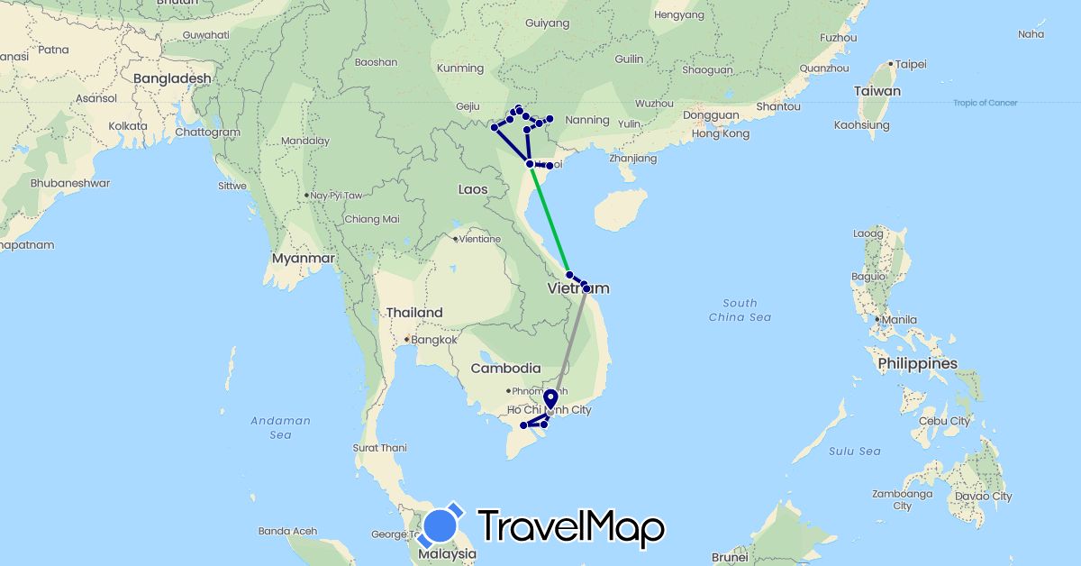 TravelMap itinerary: driving, bus, plane in Vietnam (Asia)